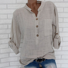 Load image into Gallery viewer, Womens Cotton Linen Stand Collar Shirt Tops Plus Size 5XL White Solid Pocket Womens Shirts 2020 Summer Spring Loose Top Female